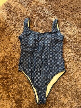 Gucci Navy GG Monogram One-Piece Swimsuit with White Lining